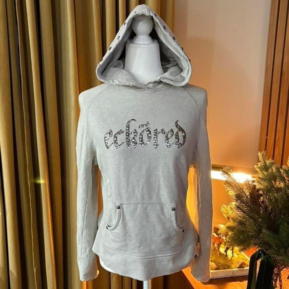 VTG 00s/Y2K Ecko Red Womens Grey Rhinestone Logo Studded Graphic Hoodie Large